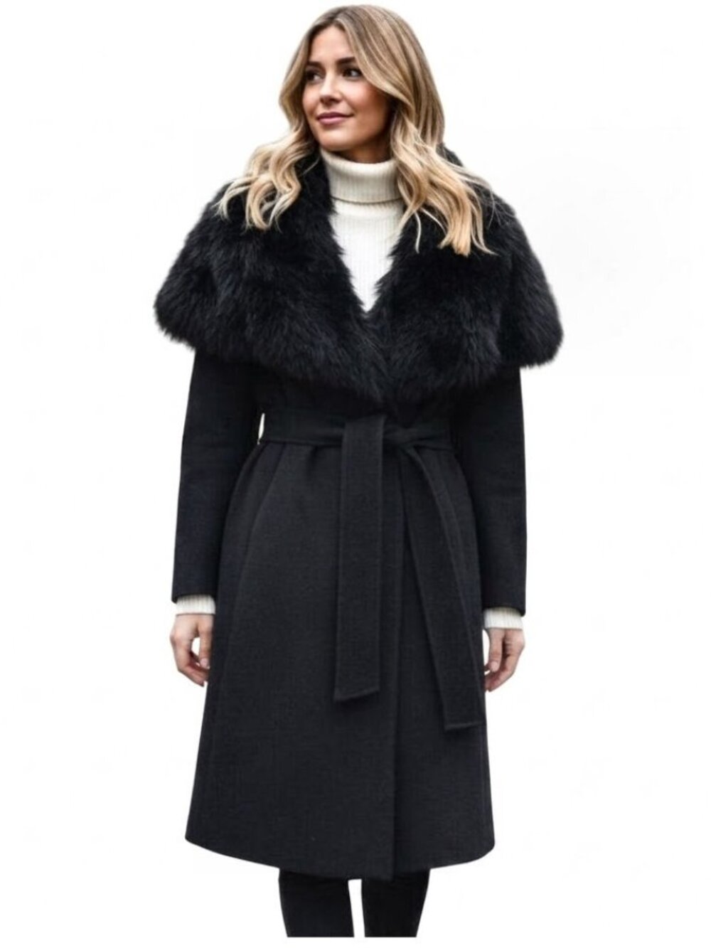 Fleurette Women's Black Oversize Dyed Fox Fur-collar Wool Wrap Coat O/S